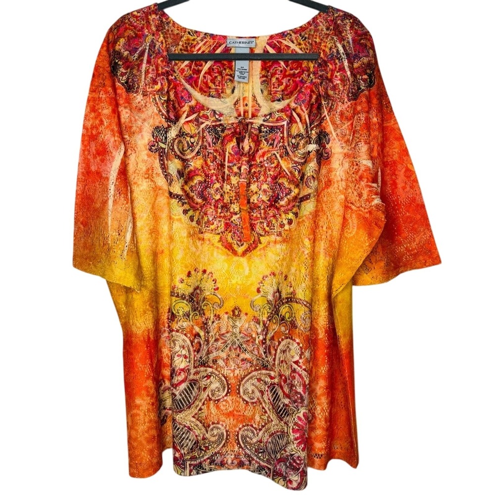 Catherines‎ Women Rhinestone Tunic Top 2X Resort Tropical Boho Hippie Flowy